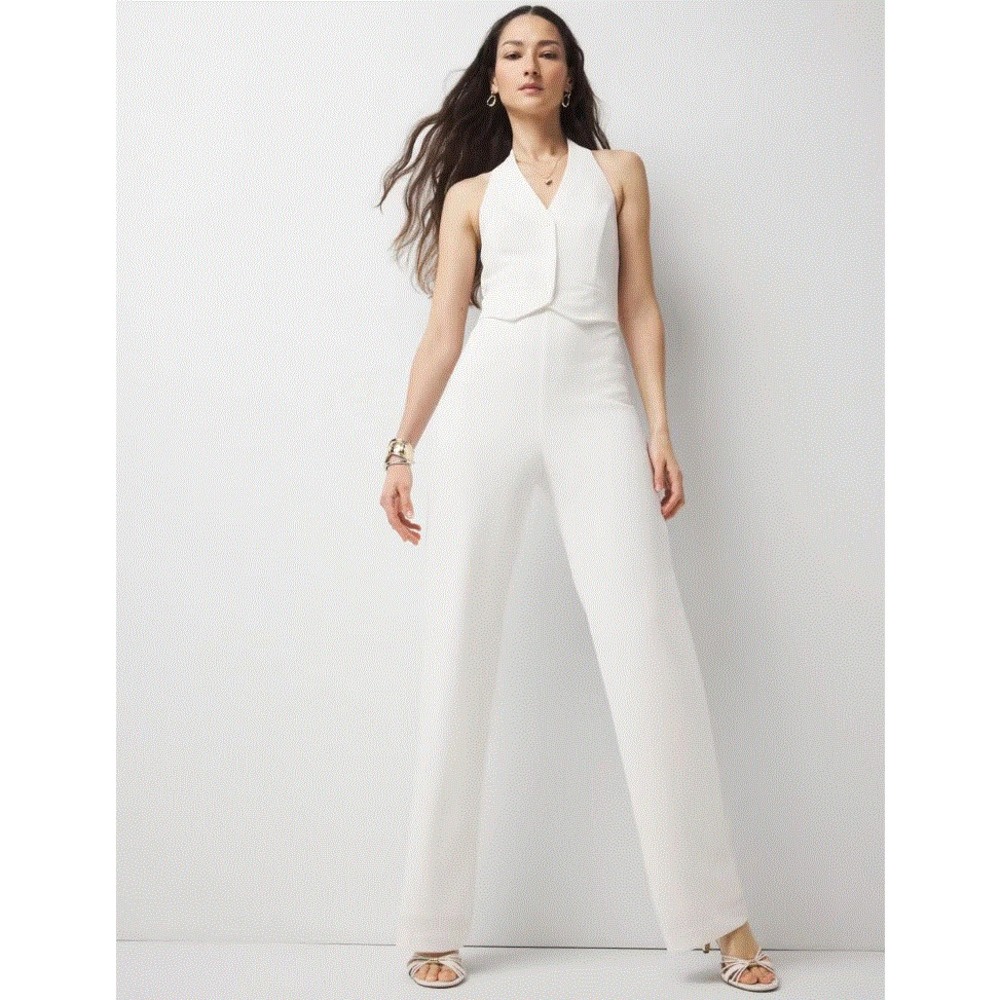 White House Black Market WHBM SL vest jumpsuit womens sz 8 white zip 570386126